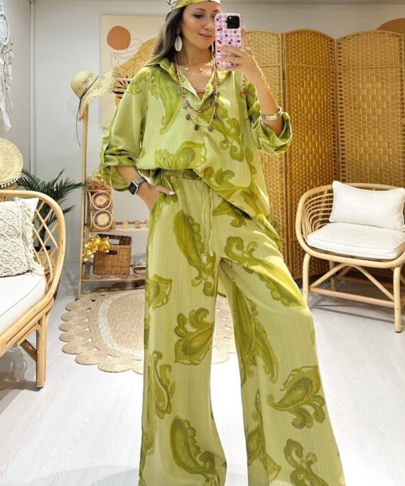 Keten Şal Desen Bol Paça İkili Takım TK100222 -  Lime Yeşil