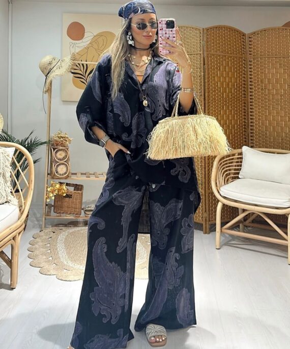 Keten Şal Desen Bol Paça İkili Takım TK100222 -Siyah