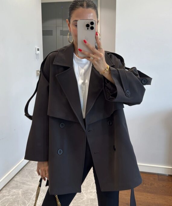 Oversize Omuz Detay  Trençkot DŞ100235 - Füme