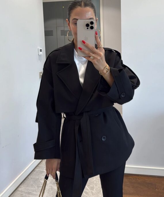 Oversize Omuz Detay  Trençkot DŞ100235 - Siyah
