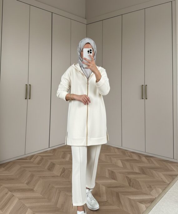 Premium Fermuar Detay Basic İkili Takım TK100430 – Beyaz