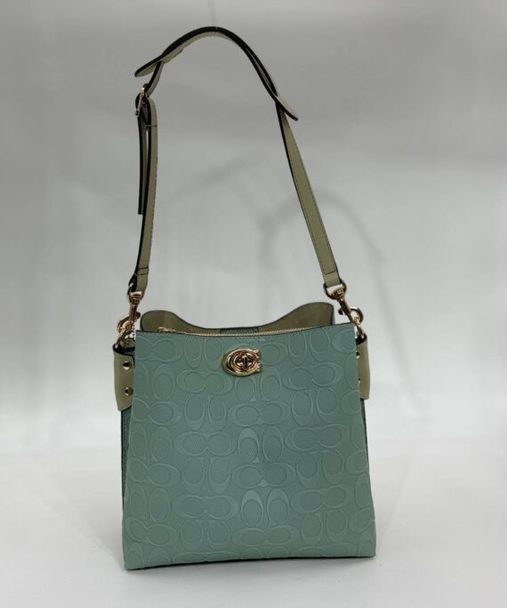 Coach Gofraj baskılı kilitli büzgülü mint yeşili çanta