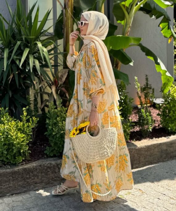 Mimoza Desenli Elbise -Sarı