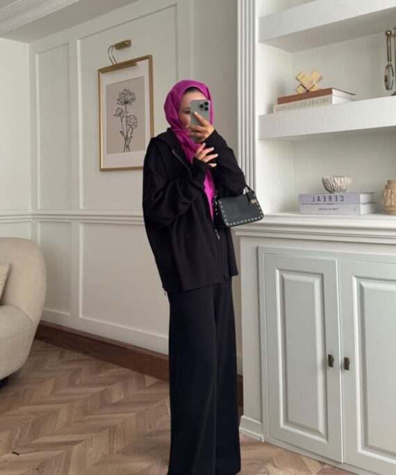 Kapüşon Detaylı Ivy Pantolonlu Triko İkili Takım TKM100276 –  Siyah