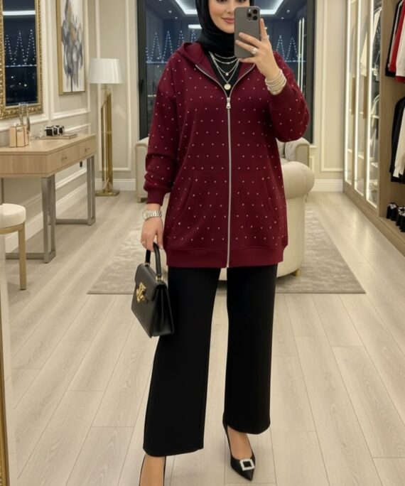 Taşlı Kapüşonlu Sweat Hırka HRK100365  - Bordo