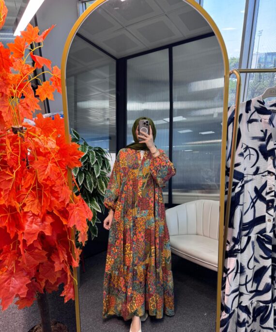 Flowers Elbise-1203-Yeşil