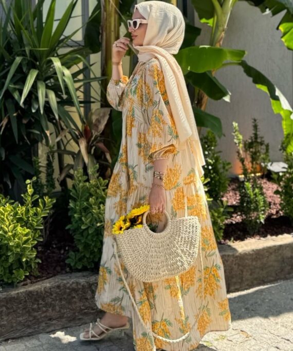 Mimoza Desenli Elbise Büyük Beden -Sarı