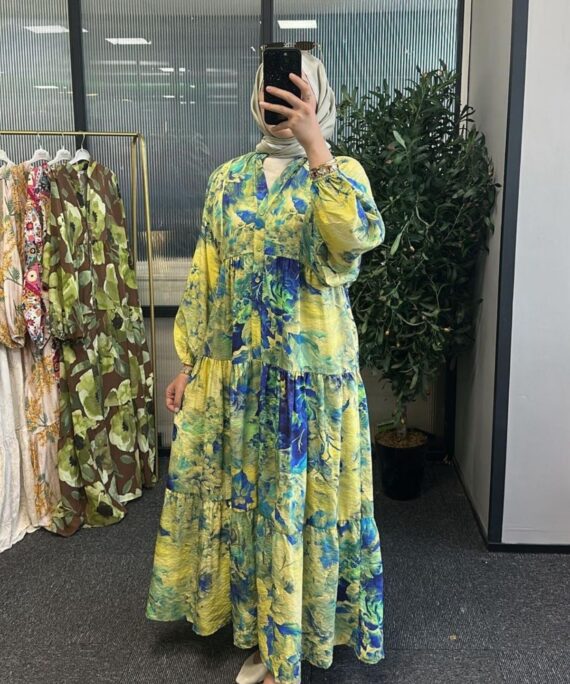 Tropik Rüya Katlı Maxi Elbise - Sarı