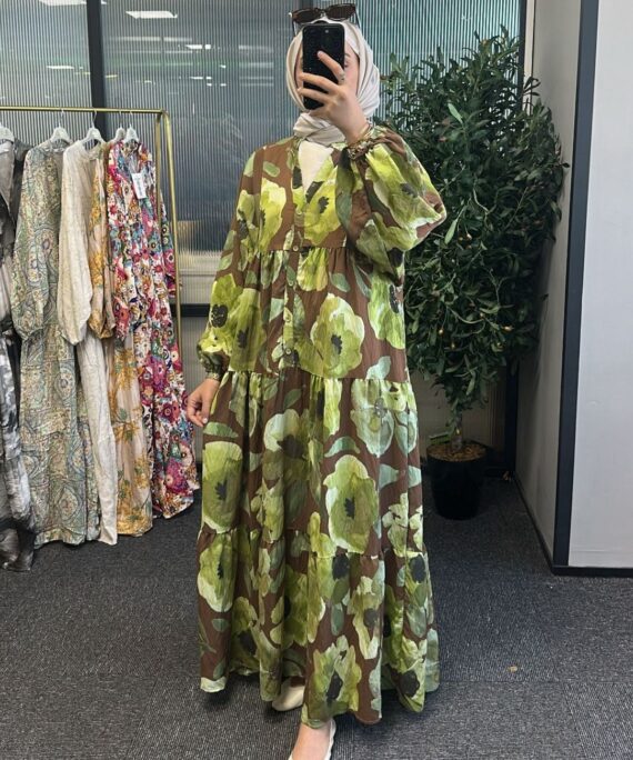 Forest Bloom Katlı Elbise - Kestane ( Şal Hediye )