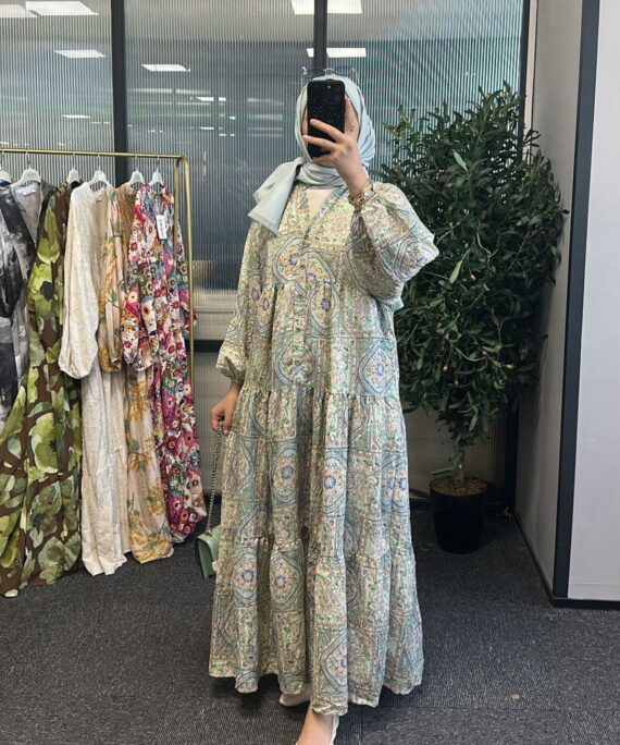 Vintage Mozaik Katlı Elbise - Mint Çini