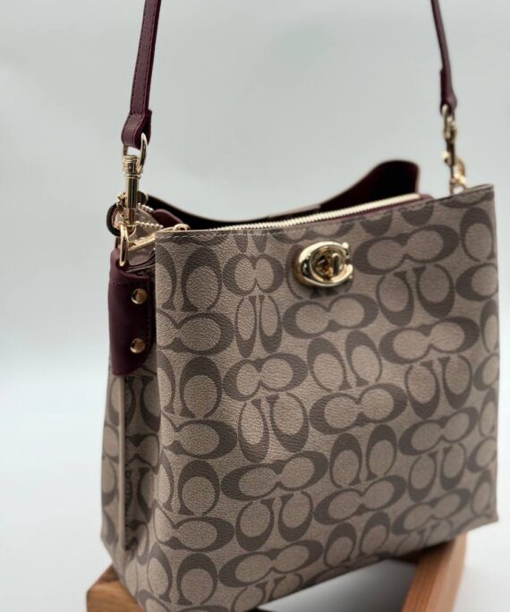 Coach Gofraj baskılı kilitli büzgülü bordo vizon çanta