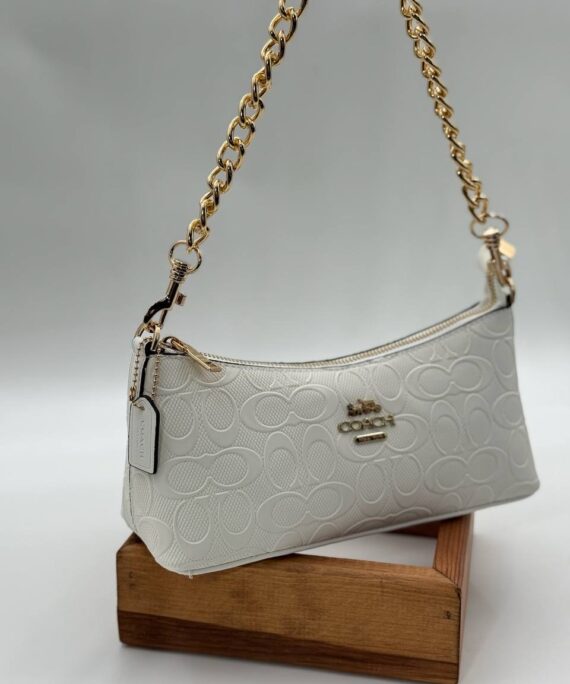 Coach Gofraj baskı zincirli baget beyaz çanta