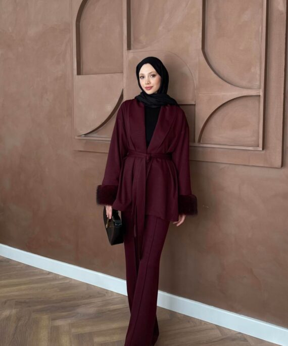 Kürk Kol Detaylı Pantolonlu Takım - Bordo
