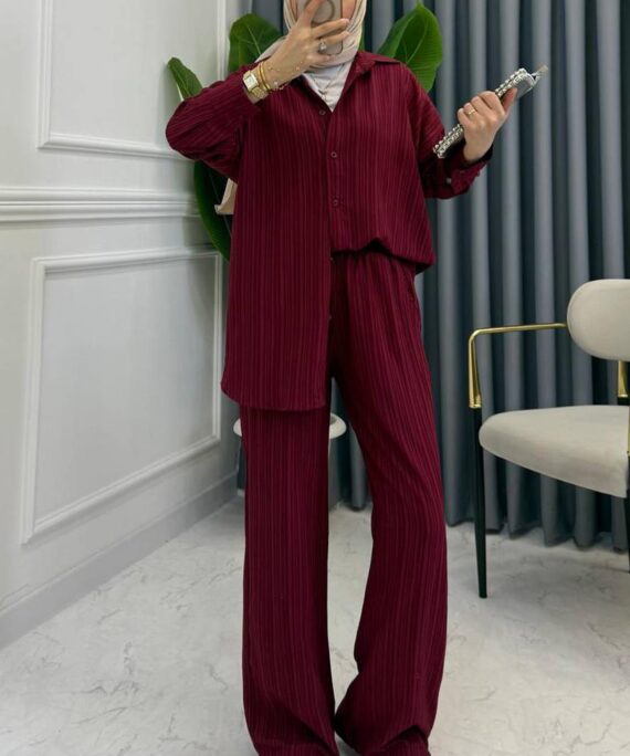 Nora Düğmeli Keten Takım  TK10046 – Bordo