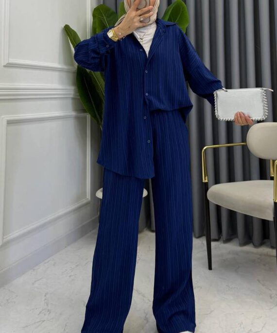 Nora Düğmeli Keten Takım TK10046 – Lacivert