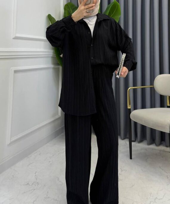 Nora Düğmeli Keten Takım TK10046 – Siyah