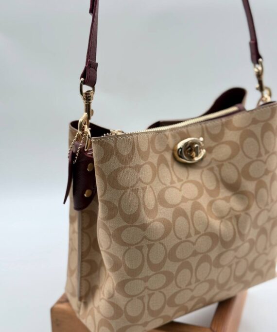 Coach Gofraj baskılı kilitli büzgülü bordo camel çanta