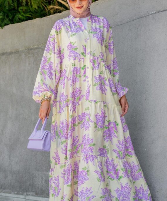 Mimoza Desenli Elbise L100138 -Lavanta