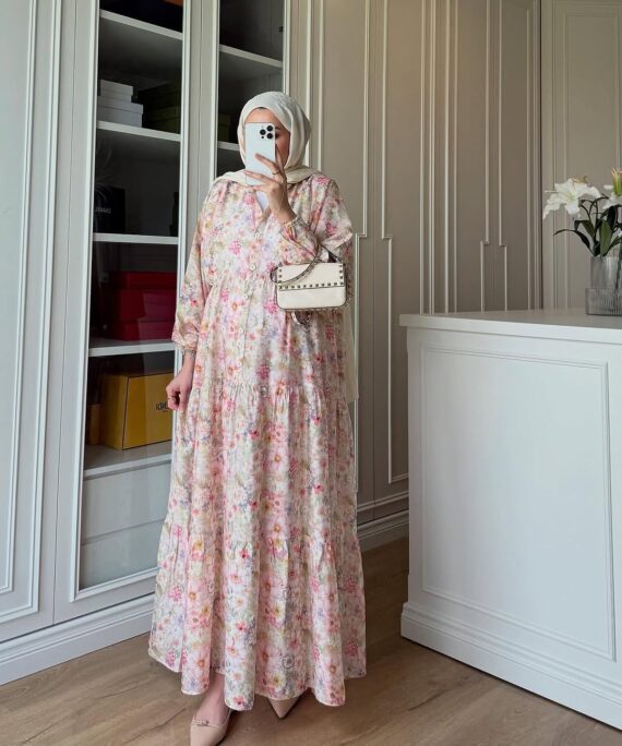 Eleya Çiçek Harmanı Elbise BÜYÜK BEDEN  - Krem