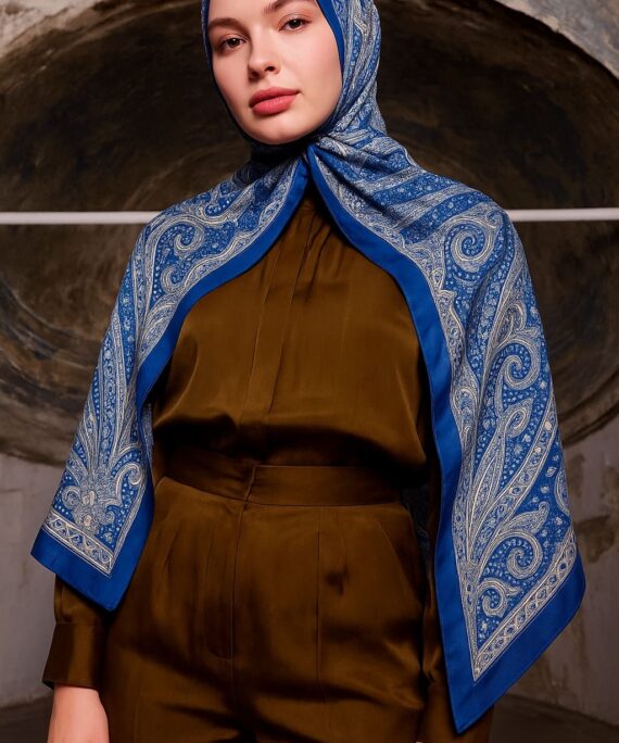 Nakkaş Desen Pamuk İpek Şal-10003- Maviş