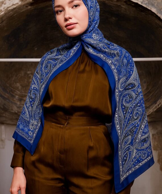 Nakkaş Desen Pamuk İpek Şal-10003-Gece Mavi