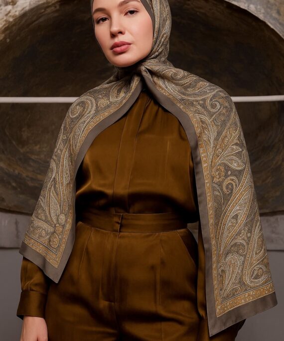 Nakkaş Desen Pamuk İpek Şal-10003-Haki