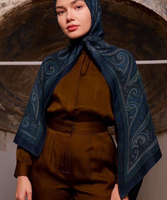 Nakkaş Desen Pamuk İpek Şal-10003-Lacivert