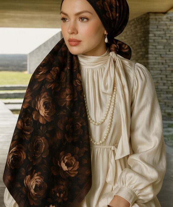 Gül Zarafeti Desen Pamuk İpek Şal-Bronz