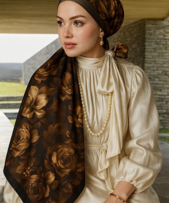 Gül Zarafeti Desen Pamuk İpek Şal-Karamel