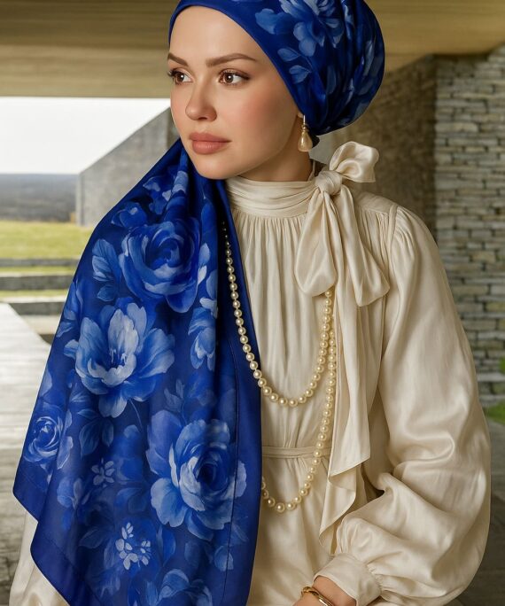 Gül Zarafeti Desen Pamuk İpek Şal-Lacivert