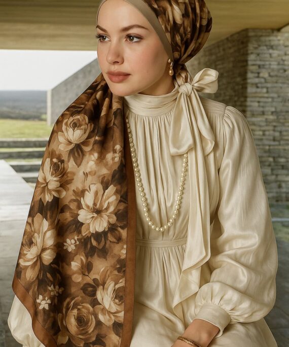 Gül Zarafeti Desen Pamuk İpek Şal-Latte