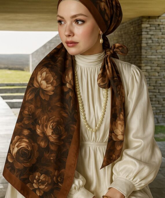 Gül Zarafeti Desen Pamuk İpek Şal-Mocha