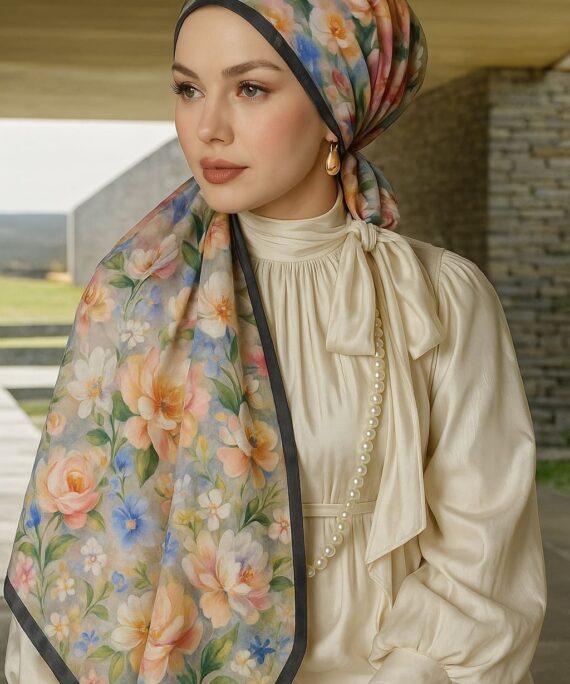 Gül Zarafeti Desen Pamuk İpek Şal- Deniz Mavisi