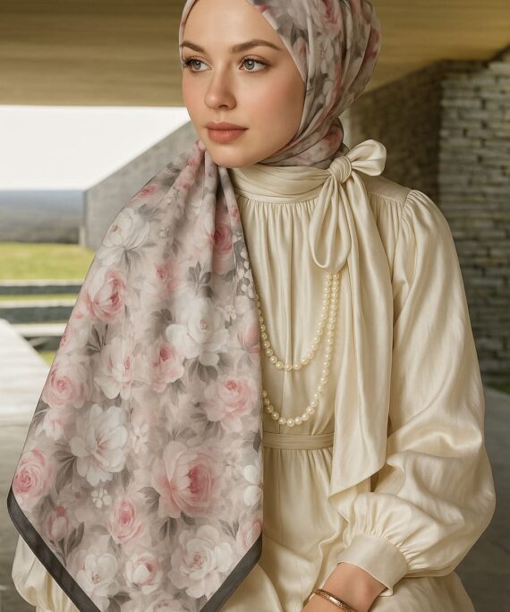 Gül Zarafeti Desen Pamuk İpek Şal-Pudra