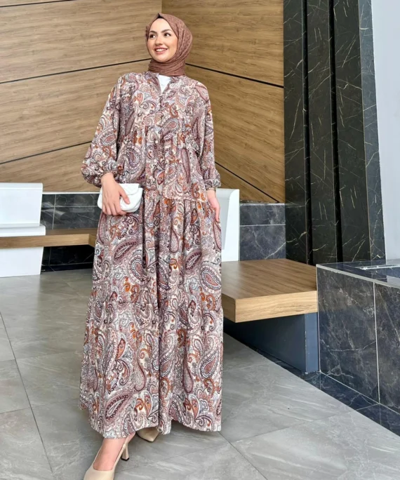 Etnik Desen Elbise L10034 - Karamel